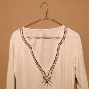 Lilu white long sleeved deep V-neck beaded Tee