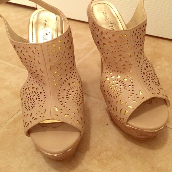 Charming Charlie's Tan and Gold Wedges