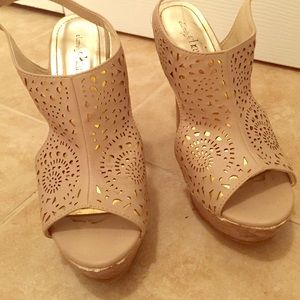 Charming Charlie's Tan and Gold Wedges