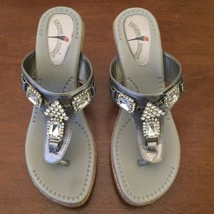 JUST REDUCED Jewel Silver Thong Cork Wedge Sandals
