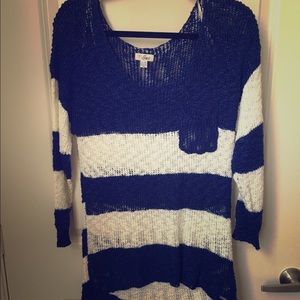Navy and white striped high/low sweater.
