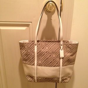 Khaki/Beige/Brown Coach Logo Stripe Tote