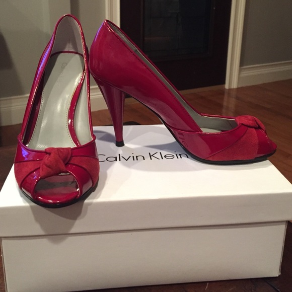 Calvin Klein Red Patent Leathr/Suede Peeptoe Pumps