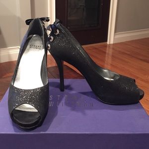 Stuart Weitzman Black Glitter Peep Toe Pumps