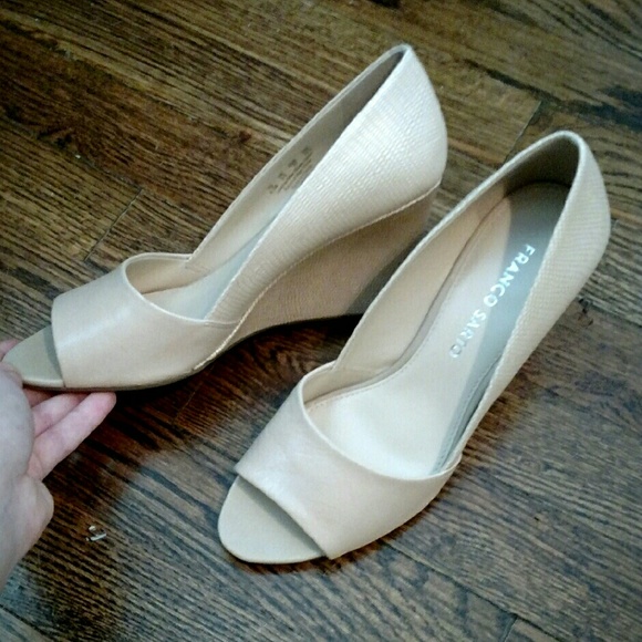 Nude open toe D'orsay style wedges