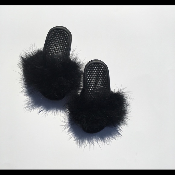 Kids Black Fur Slides - Picture 2 of 2