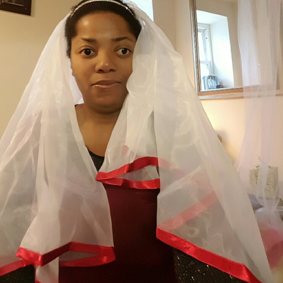 Red trimmed wedding veil