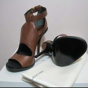 Cognac brown Balenciaga cutout open toe pump