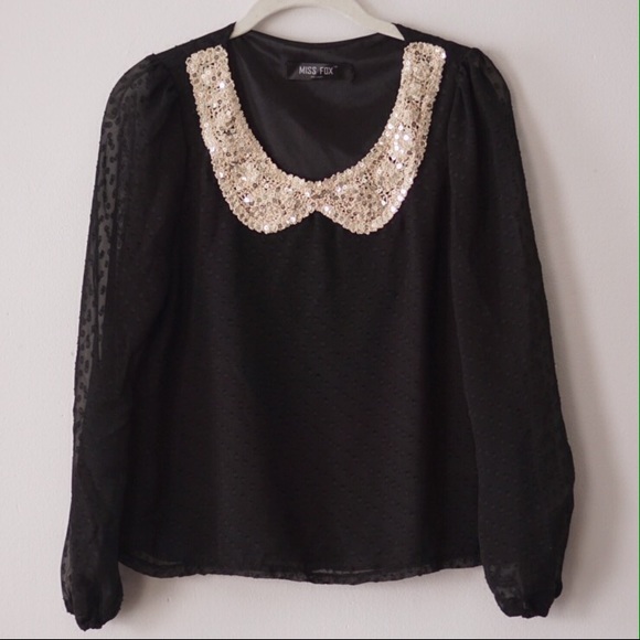 Gold sequin collar Polkadot blouse w/sheer sleeves