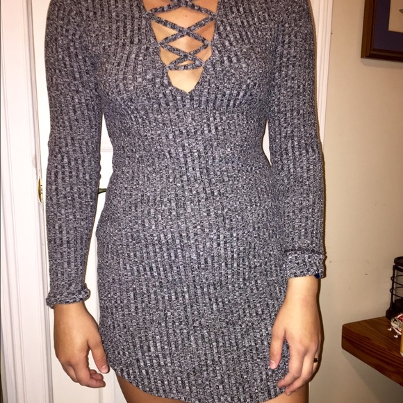 GREY LACE UP FRONT DRESS