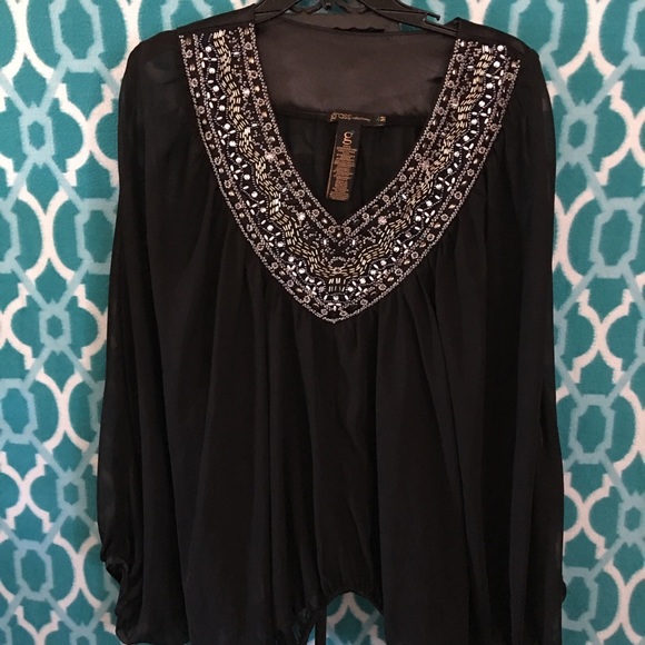 Black v neck jeweled sheer top