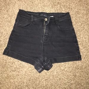 Washed black stretch denim shorts