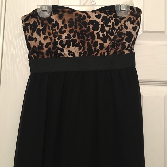 Strapless Black with Leopard Hi-Low Dress - Picture 2 of 3