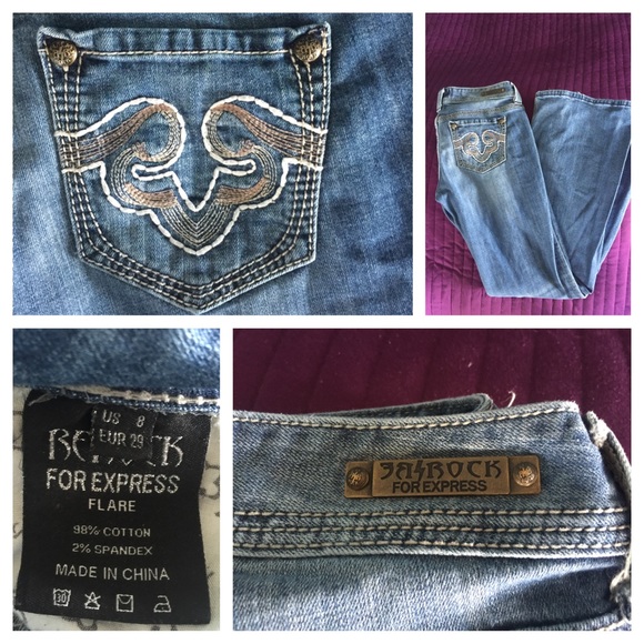 Rerock for Express, light wash flares, size 8
