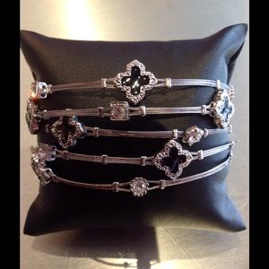 Layered black & rhinestone wire bracelets (5), O/S