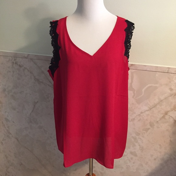 Worthington Red Sleeveless Blouse w/Black Lace XLT