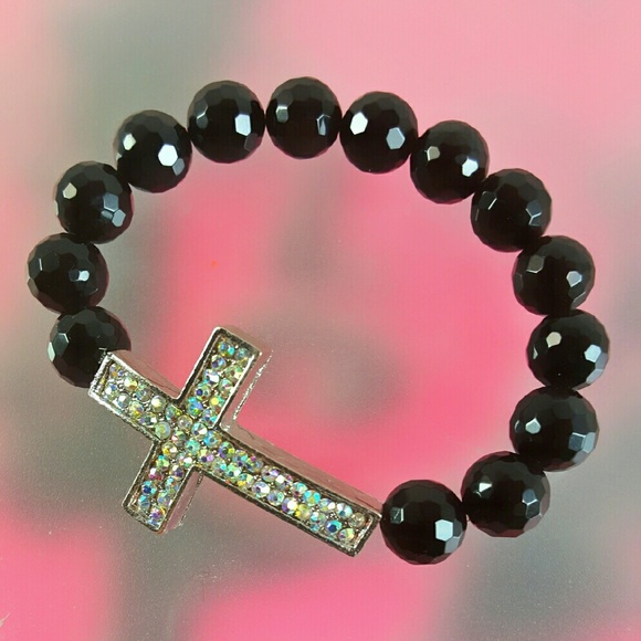 AB Pave Crystal Cross and Black Onyx Bracelet