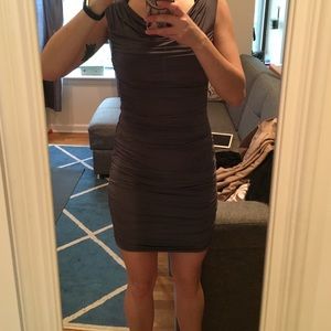 Gray, ruched cocktail dress