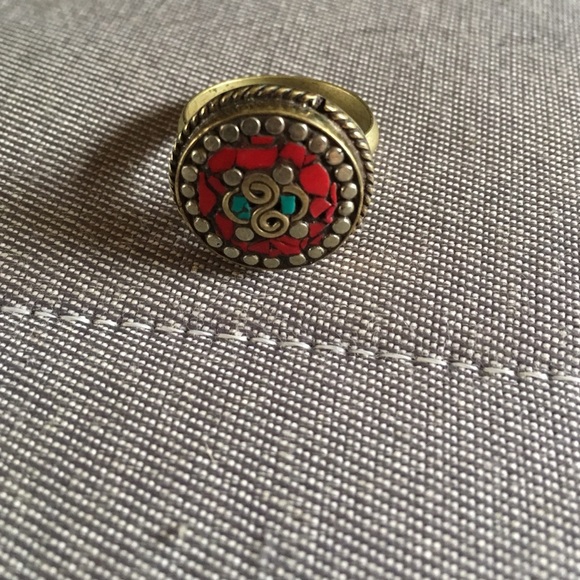 Mosaic red and turquoise ring