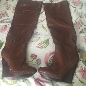 Brand new brown leather wedge gold studded boots