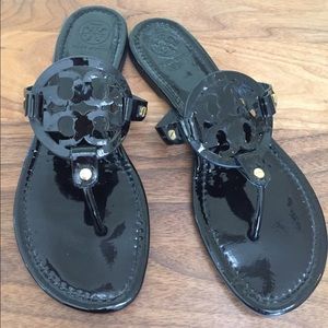 TORY BURCH BLACK PATENT MILLER SANDALS