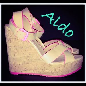 Aldo Neutral Cork Wedge with Pink Trim