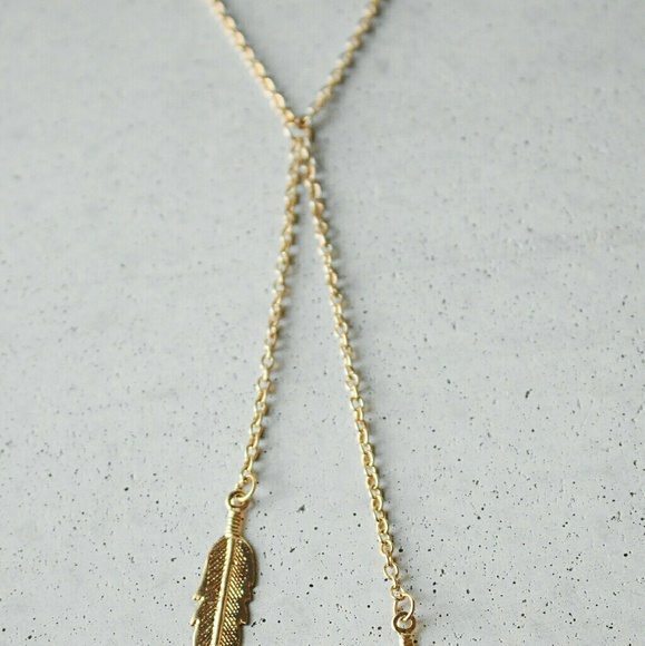 Lariat gold feather boho choker necklace charm - Picture 3 of 4