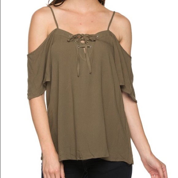 🆕ALLAIRE lace up cold shoulder top - OLIVE - Picture 3 of 3