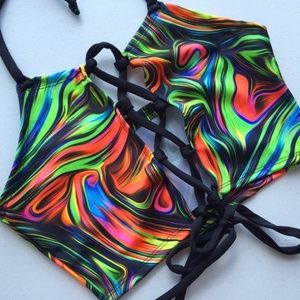 SOLD lace up trippy festival halter top