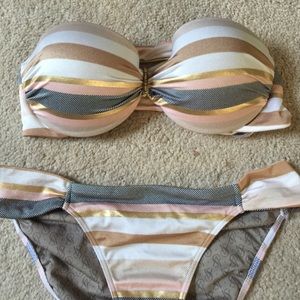 Pink gray white and gold striped bikini