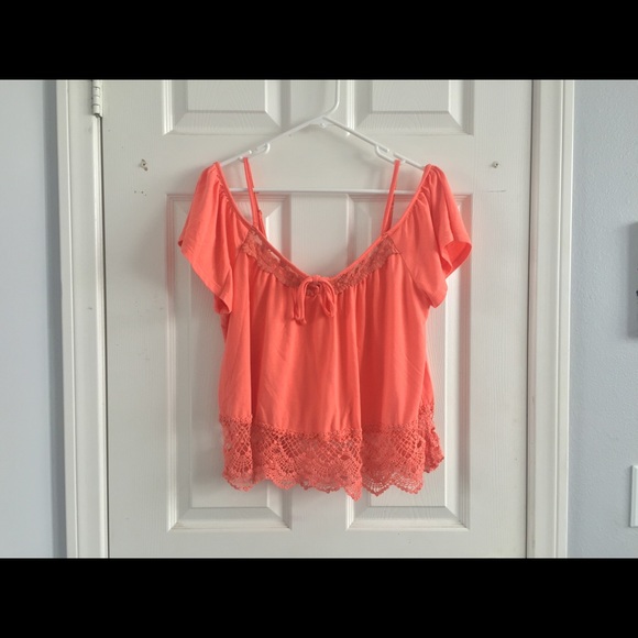 Coral Off-the-Shoulder Crochet and Lace Top