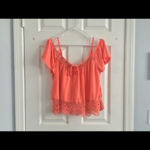 Coral Off-the-Shoulder Crochet and Lace Top