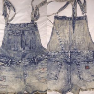 Acid wash jean shorts overalls