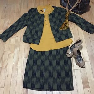 Skirt suit in army green and black, jacket & skirt