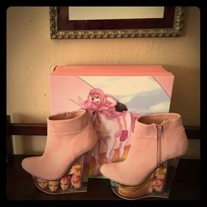 Pink suede Jeffrey Campbell Barbie doll wedges.