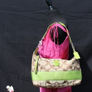SOLD!  Coach Signature Stripe Khaki and Lime Hobo