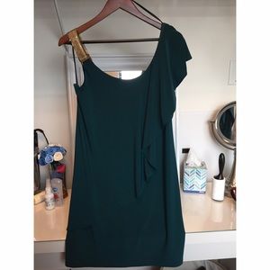 Teal draped one shoulder dress with gold accent