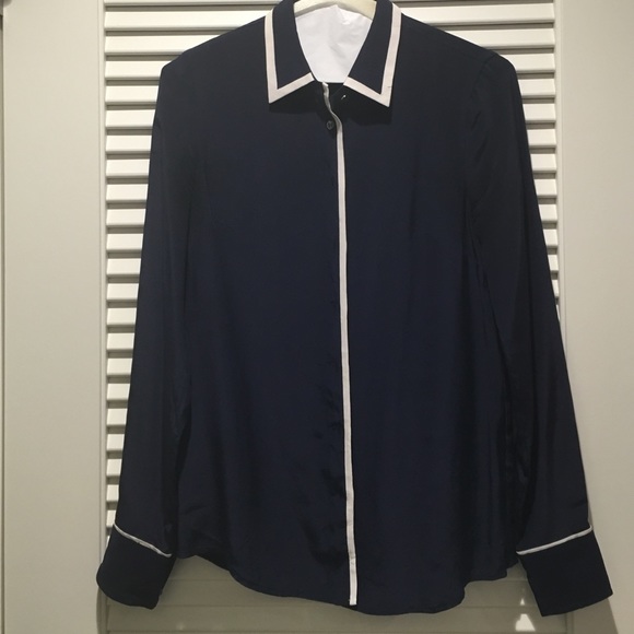 J. Crew classic silk navy blouse with white trim
