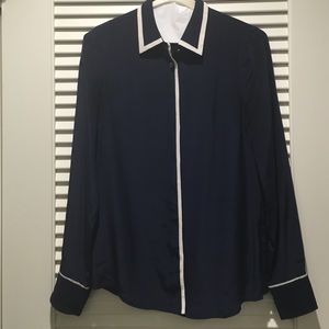 J. Crew classic silk navy blouse with white trim