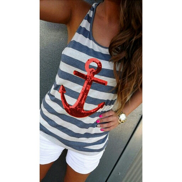 Tops - Blue and White Stripe Tank Top