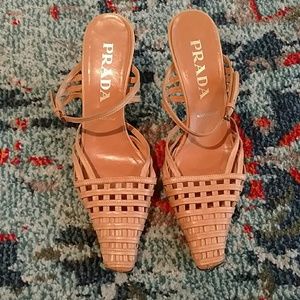 Prada mustard woven backless kitten heel