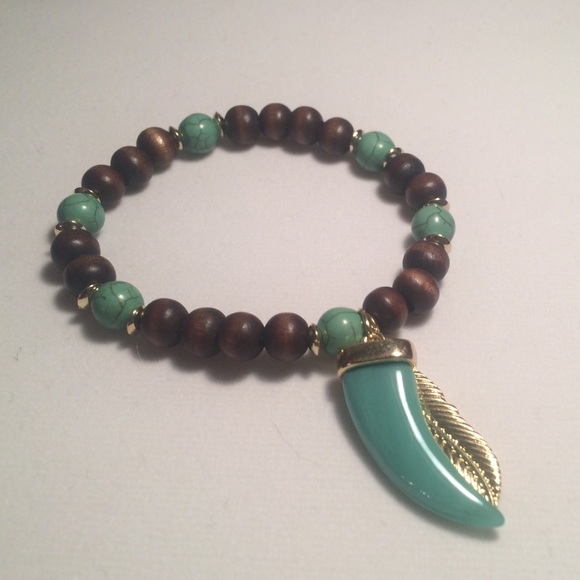 Feather and Horn Wood Bead Bracelet