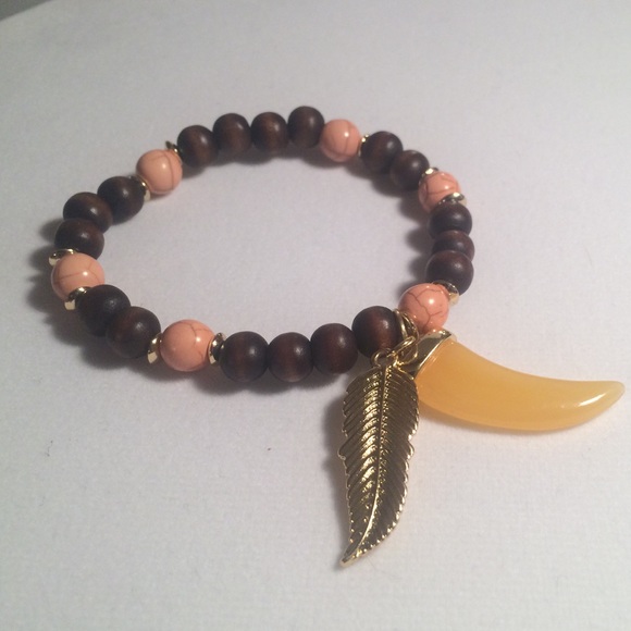 Feather and Horn Wood Charm Bracelet