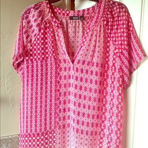 Pink print chiffon short sleeve blouse - EUC, L