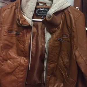Brown Faux Leather Jacket with Built in tan Hoodie