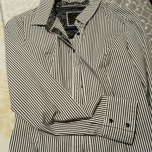 Navy blue and white pinstripe blouse