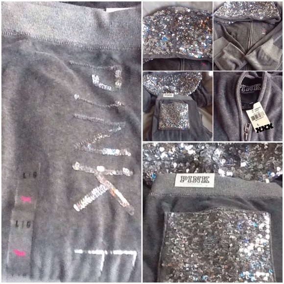 Victoria Secrets Pink Hoodie Pant Sequin Bling Set - Picture 2 of 4