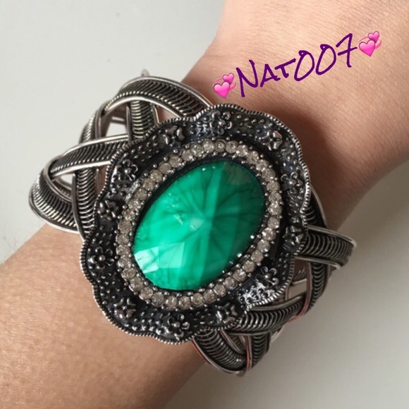 Large Green Stone Silver Bangle Cuff.
