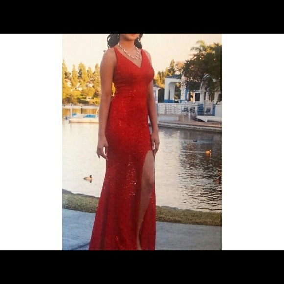 Prom dress with high slit.