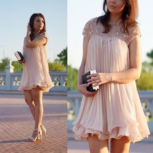 Beads Embellished Pleated Dress - Pink/Nude